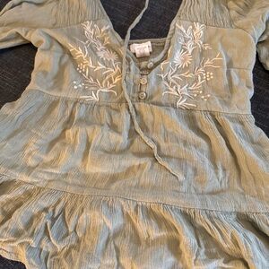 Light Sage Green Peasant Blouse with Embroidered Top